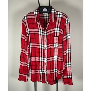 Lucky Brand Red Black & White Plaid Flannel Shirt Back Slit w/buttons Women's XS